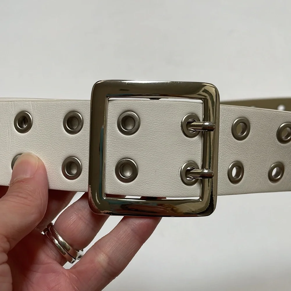 Target white faux leather metallic silver buckle belt one size